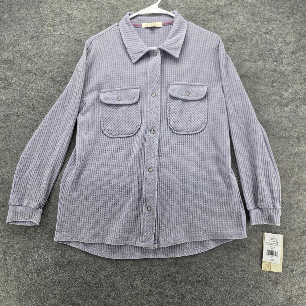 Rewind Button-Up Tunic Womens S Purple Collared Knit Snap Pockets Relaxed Fit